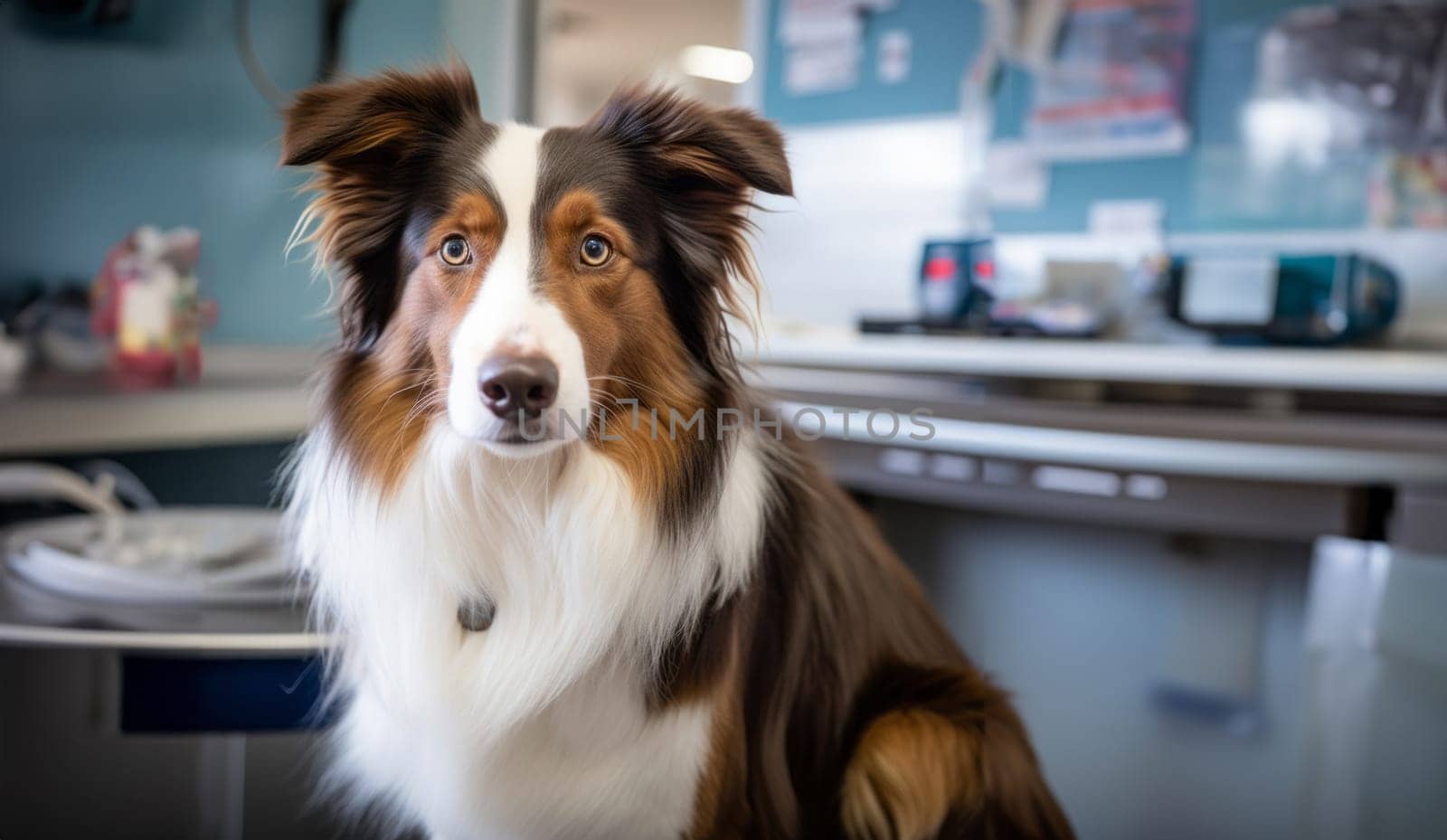 A black-and-white dog patiently awaits its veterinary examination in the clinic.Generated image by dotshock