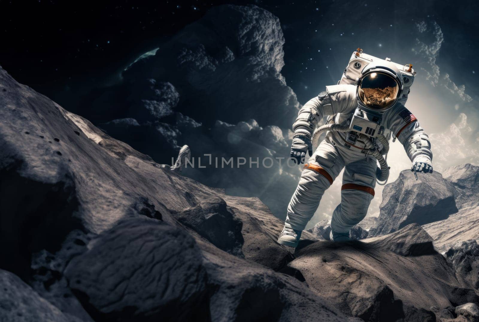A modern astronaut is depicted exploring the surface of the moon, embodying the spirit of adventure and scientific exploration in the vastness of outer space.Generated image.