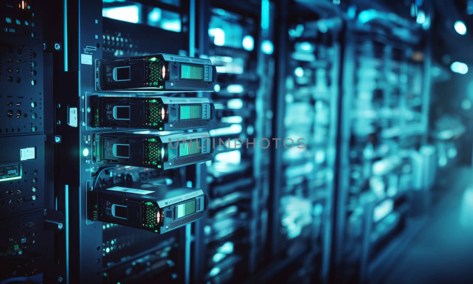 A close-up photograph showcases modern blue computers in a server room, illustrating the technological infrastructure of data management and communication networks.Generated image by dotshock