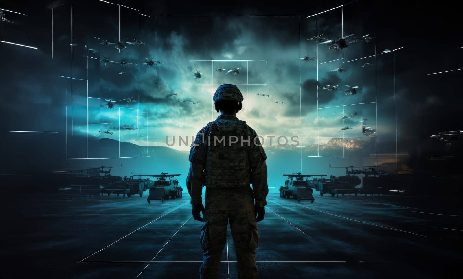 A special soldier is depicted observing the wartime situation and the advancement of his military army through holographic displays, showcasing strategic analysis and tactical planning in a high-tech environment.Generated image by dotshock