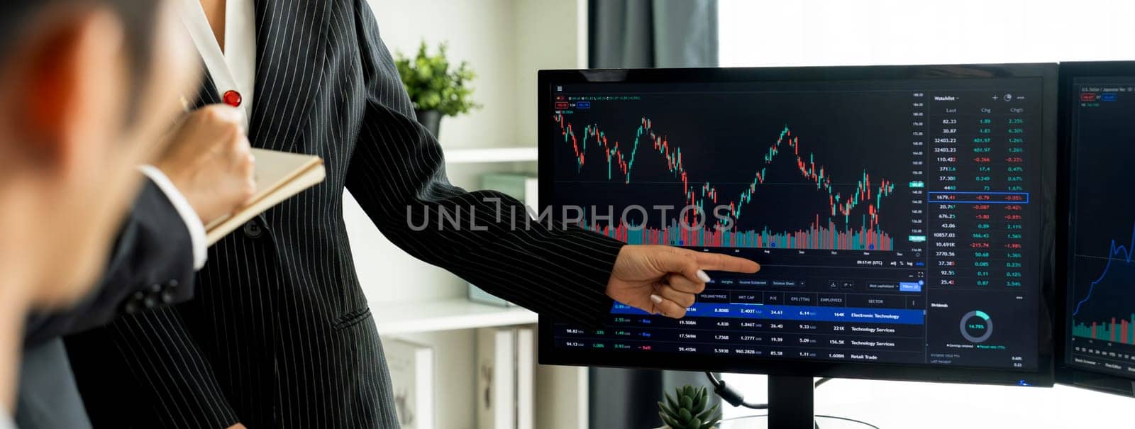 Group of profession trader discuss while point the financial graph. Burgeoning. by biancoblue