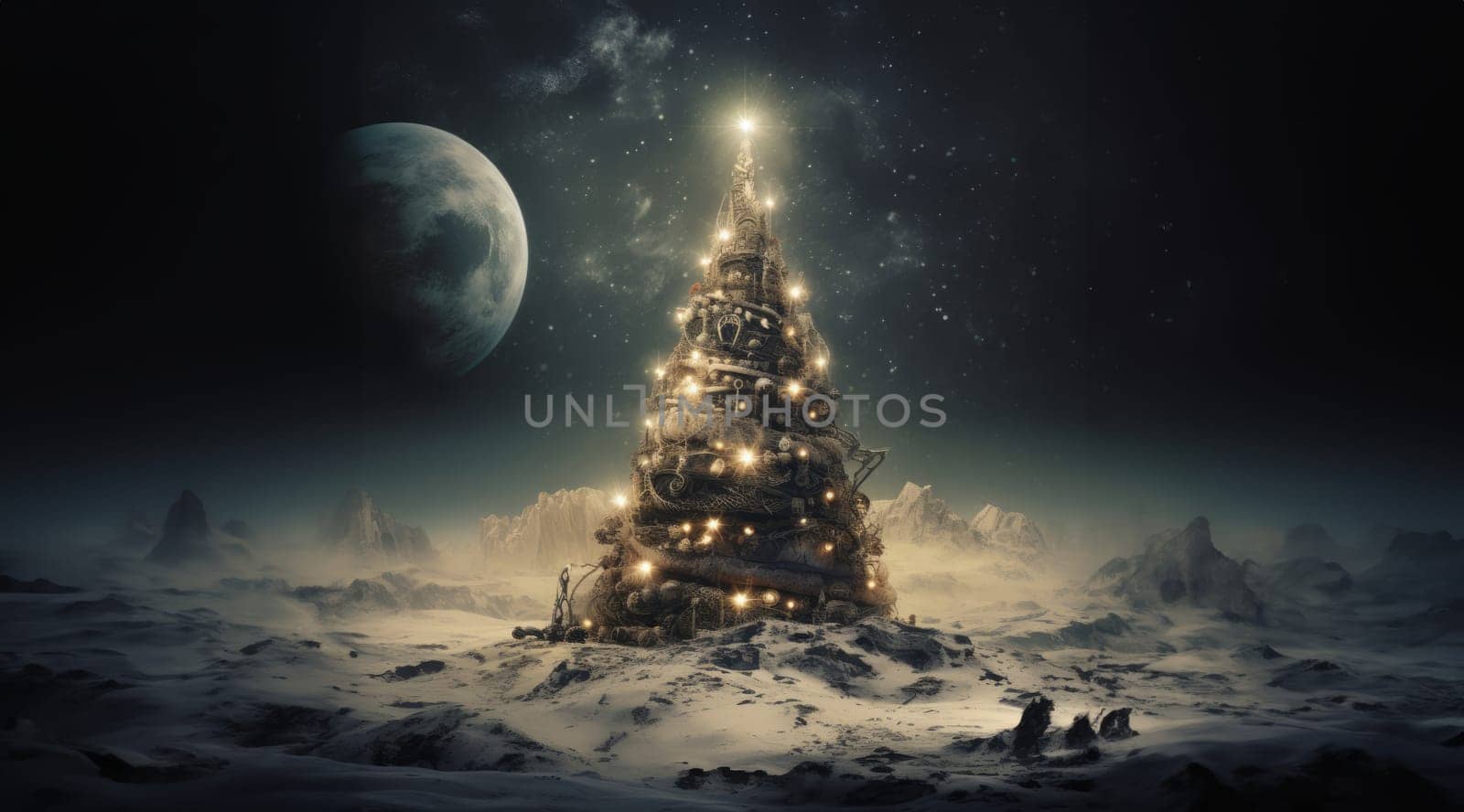 An astronaut on Mars celebrates the holiday season by decorating a Christmas tree, bringing a festive spirit to the distant red planet.Generated image by dotshock