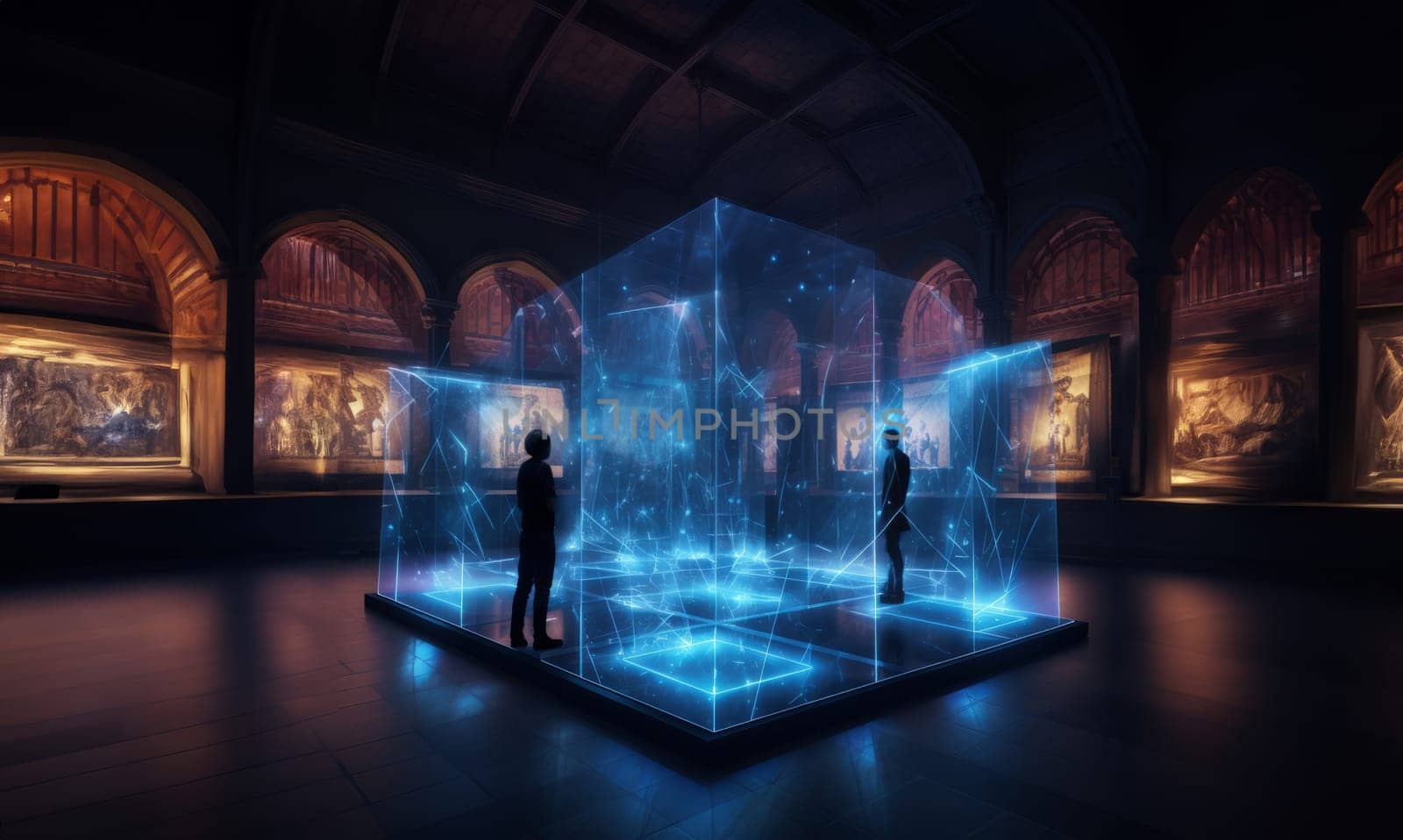 In a futuristic museum, holograms vividly depict the history of the country, showcasing its evolution and the profound changes it has undergone over time.Generated image by dotshock
