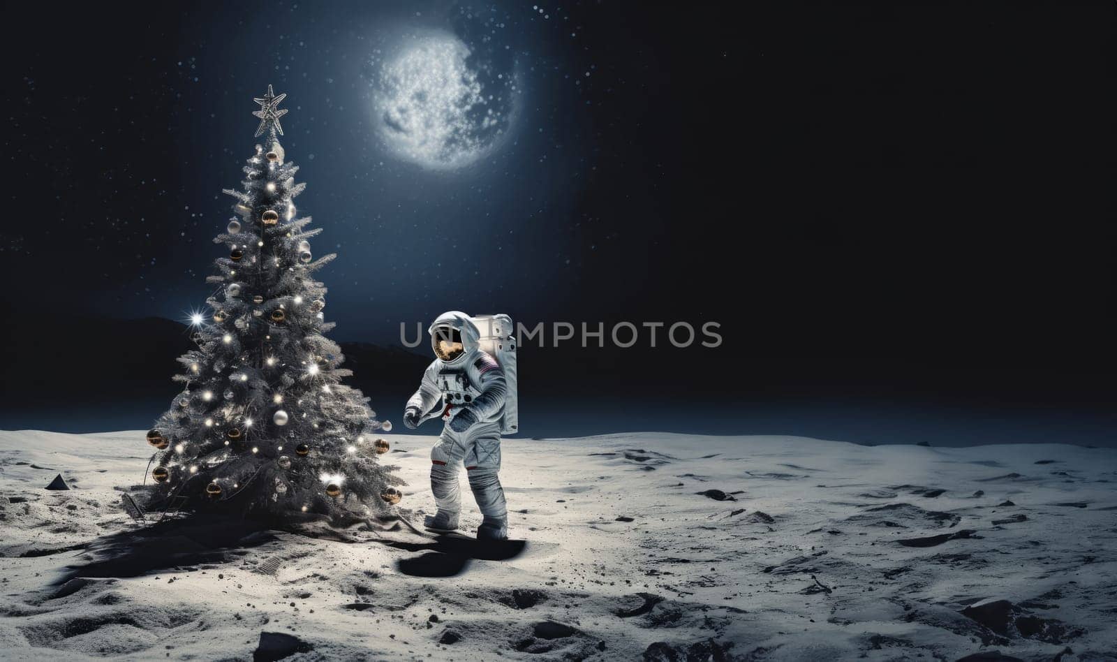 An astronaut on Mars celebrates the holiday season by decorating a Christmas tree, bringing a festive spirit to the distant red planet.Generated image.