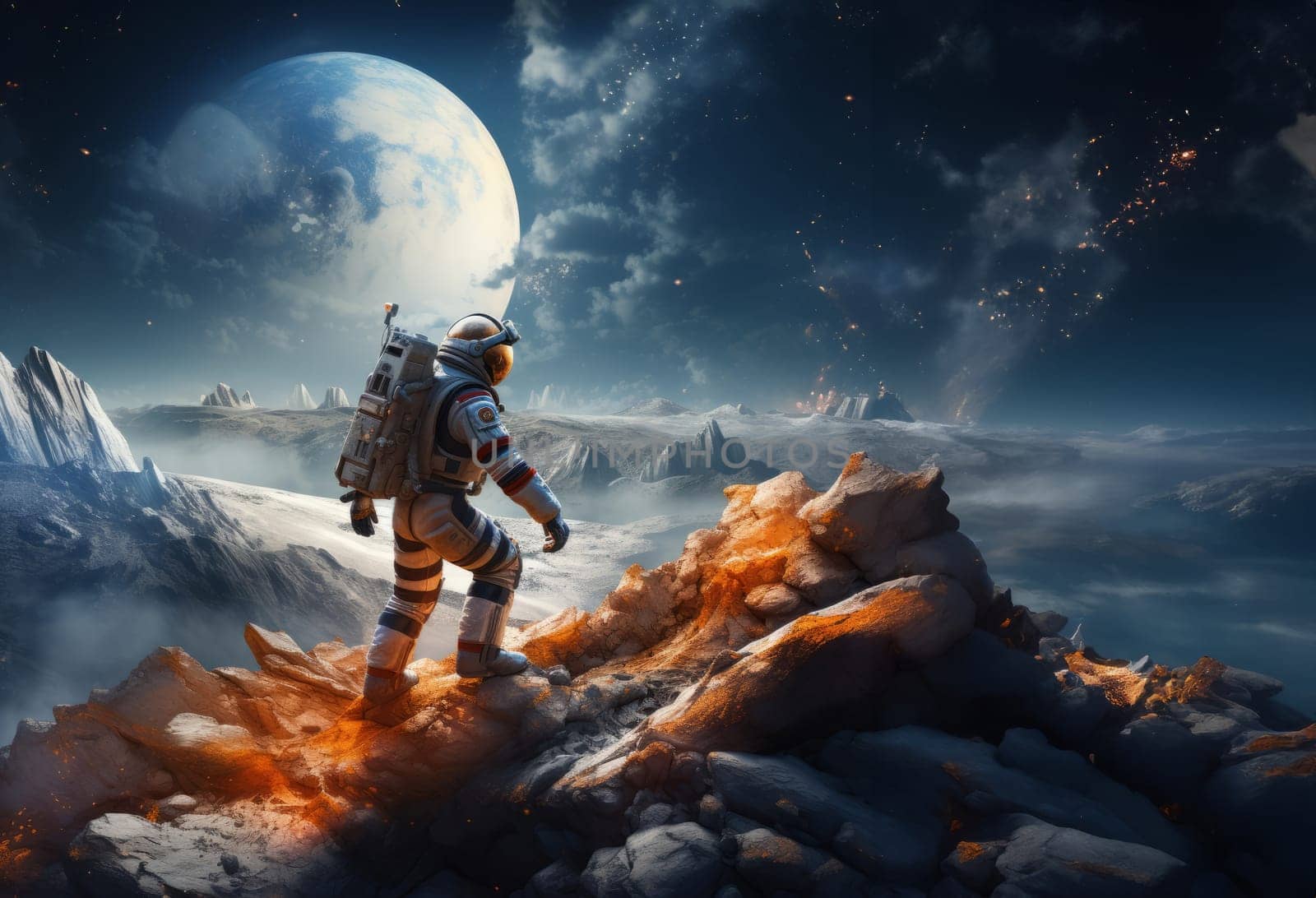 A modern astronaut is depicted exploring the surface of the moon, embodying the spirit of adventure and scientific exploration in the vastness of outer space.Generated image by dotshock