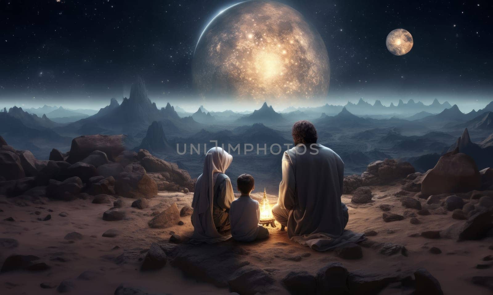 A Muslim family in the ancient mountains of the Sahara gathers to welcome the breaking of the fast at iftar during Ramadan, embodying traditions of unity, compassion, and gratitude in a serene and sacred setting.Generated image by dotshock
