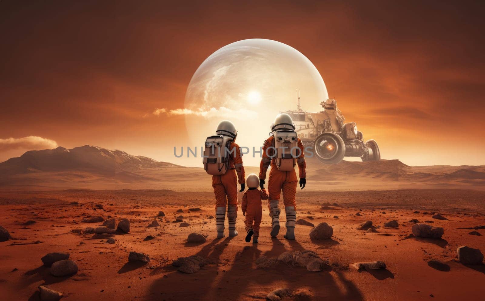 A futuristic, symbolic photograph depicts the beginnings of human civilization on Mars, showing a family walking on the surface of the red planet, evoking themes of exploration, settlement, and the pioneering spirit of humanity's extraterrestrial endeavors.Generated image by dotshock