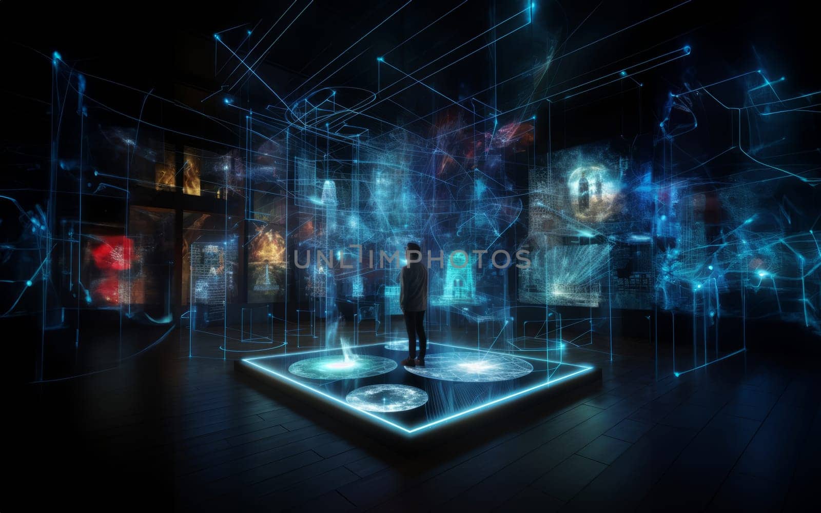 In a futuristic museum, holograms vividly depict the history of the country, showcasing its evolution and the profound changes it has undergone over time.Generated image.