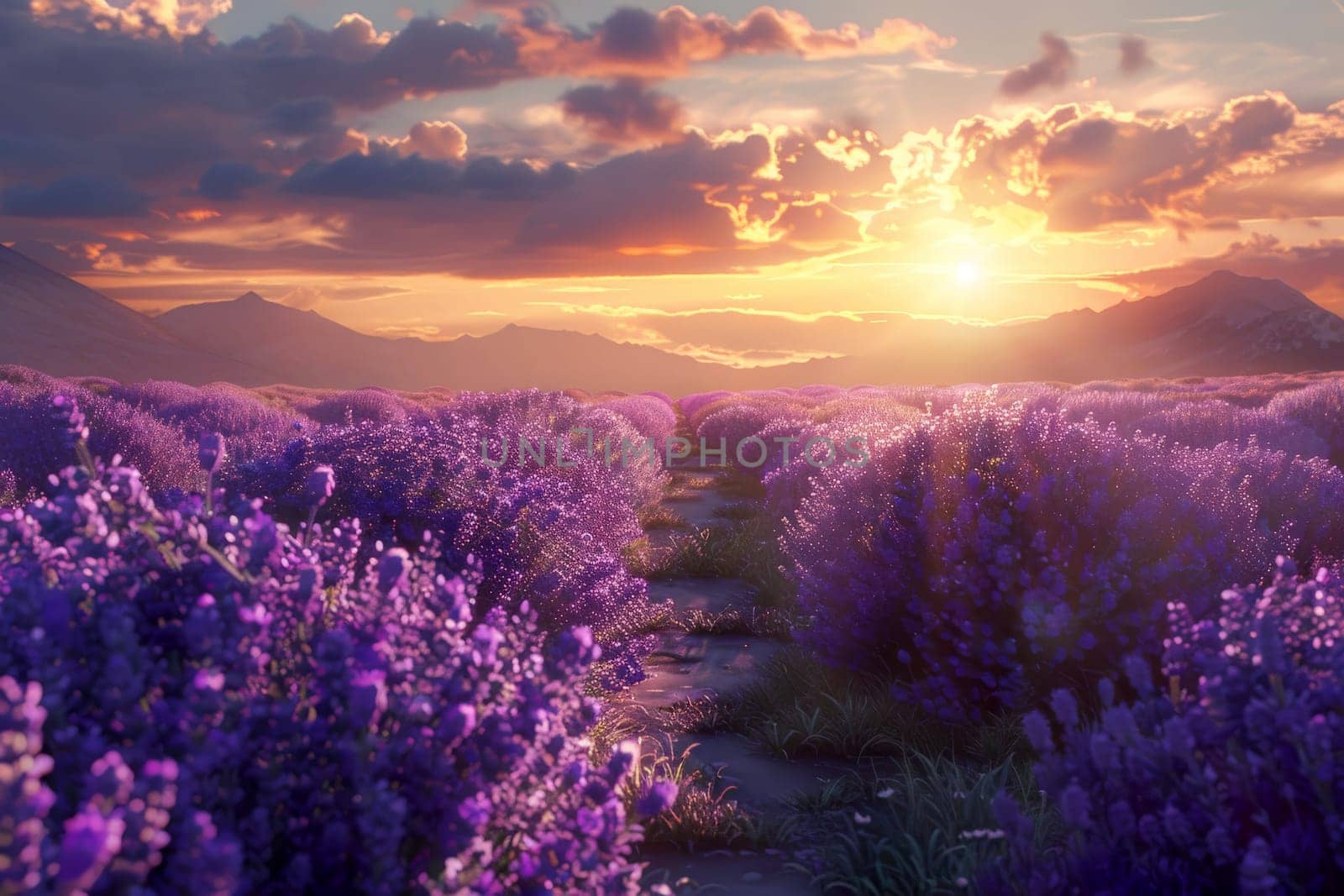 a lavender field with beautiful twilight sky .generative ai by matamnad
