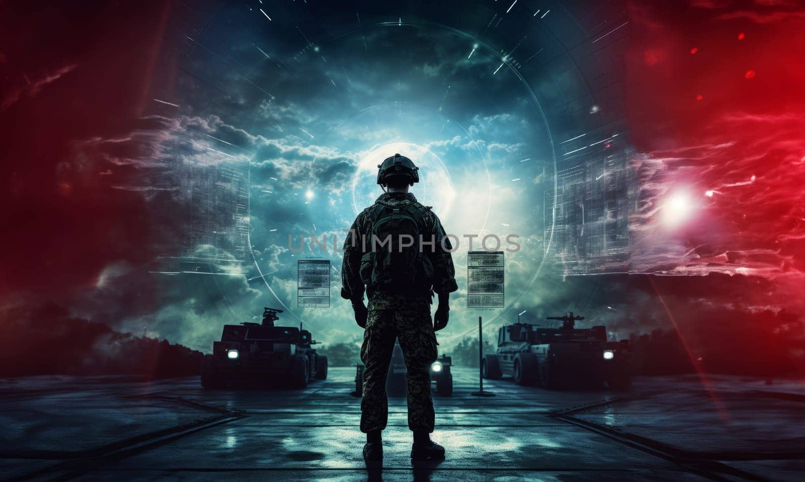 A special soldier is depicted observing the wartime situation and the advancement of his military army through holographic displays, showcasing strategic analysis and tactical planning in a high-tech environment.Generated image by dotshock