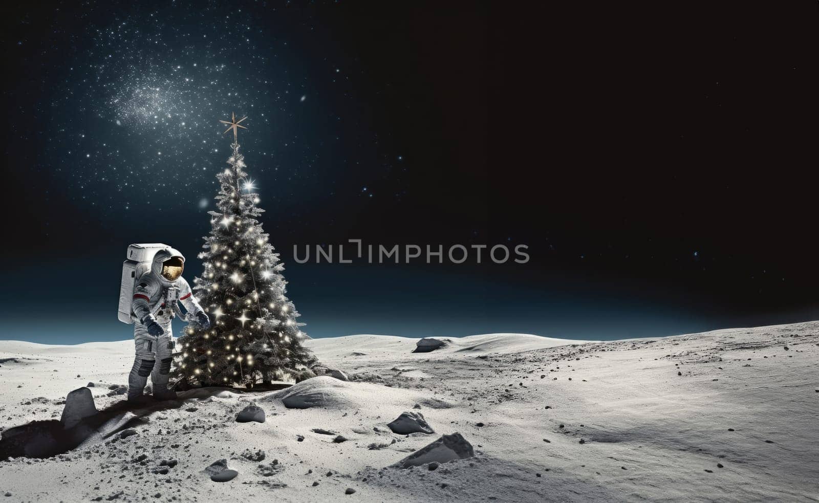 An astronaut on Mars celebrates the holiday season by decorating a Christmas tree, bringing a festive spirit to the distant red planet.Generated image by dotshock