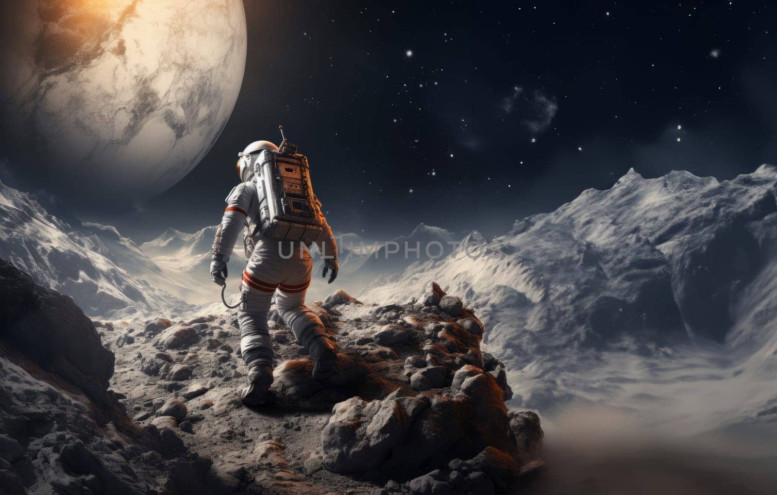 A modern astronaut is depicted exploring the surface of the moon, embodying the spirit of adventure and scientific exploration in the vastness of outer space.Generated image by dotshock