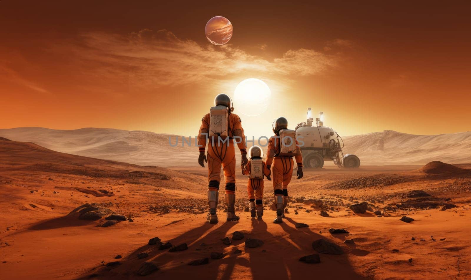 A futuristic, symbolic photograph depicts the beginnings of human civilization on Mars, showing a family walking on the surface of the red planet, evoking themes of exploration, settlement, and the pioneering spirit of humanity's extraterrestrial endeavors.Generated image.