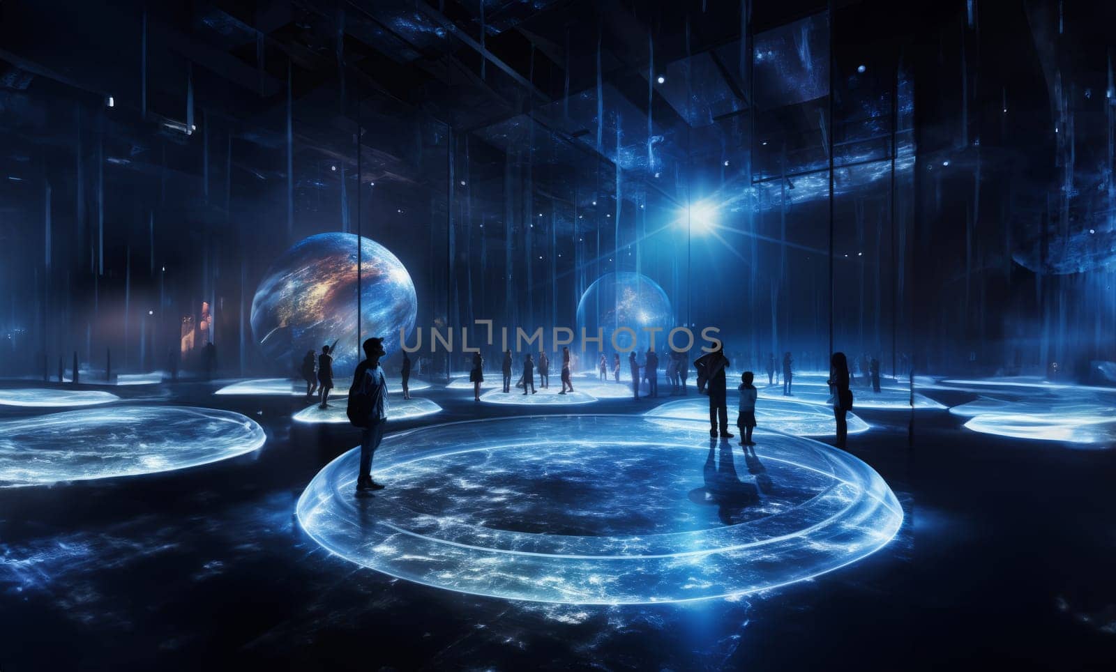 In a futuristic museum, holograms vividly depict the history of the country, showcasing its evolution and the profound changes it has undergone over time.Generated image by dotshock