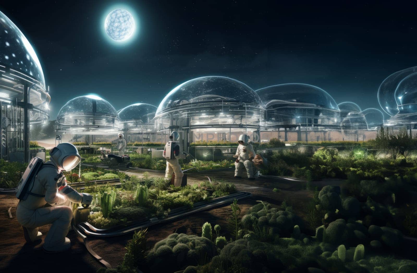 A futuristic depiction of agriculture shows cultivation and farming in glass enclosures on the surface of Mars in space, highlighting innovation and sustainability efforts in space colonization and exploration.Generated image by dotshock