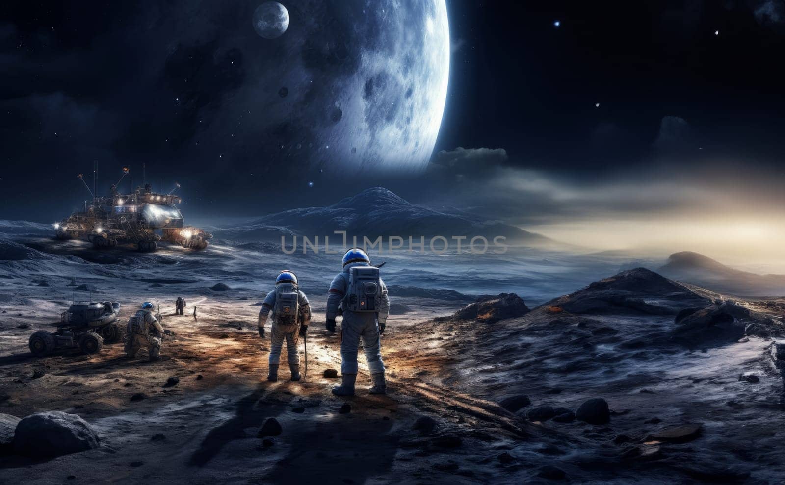 A group of modern astronauts is depicted exploring the hazardous surface of the moon in outer space, showcasing the daring mission of discovery and adventure in lunar exploration.Generated image by dotshock
