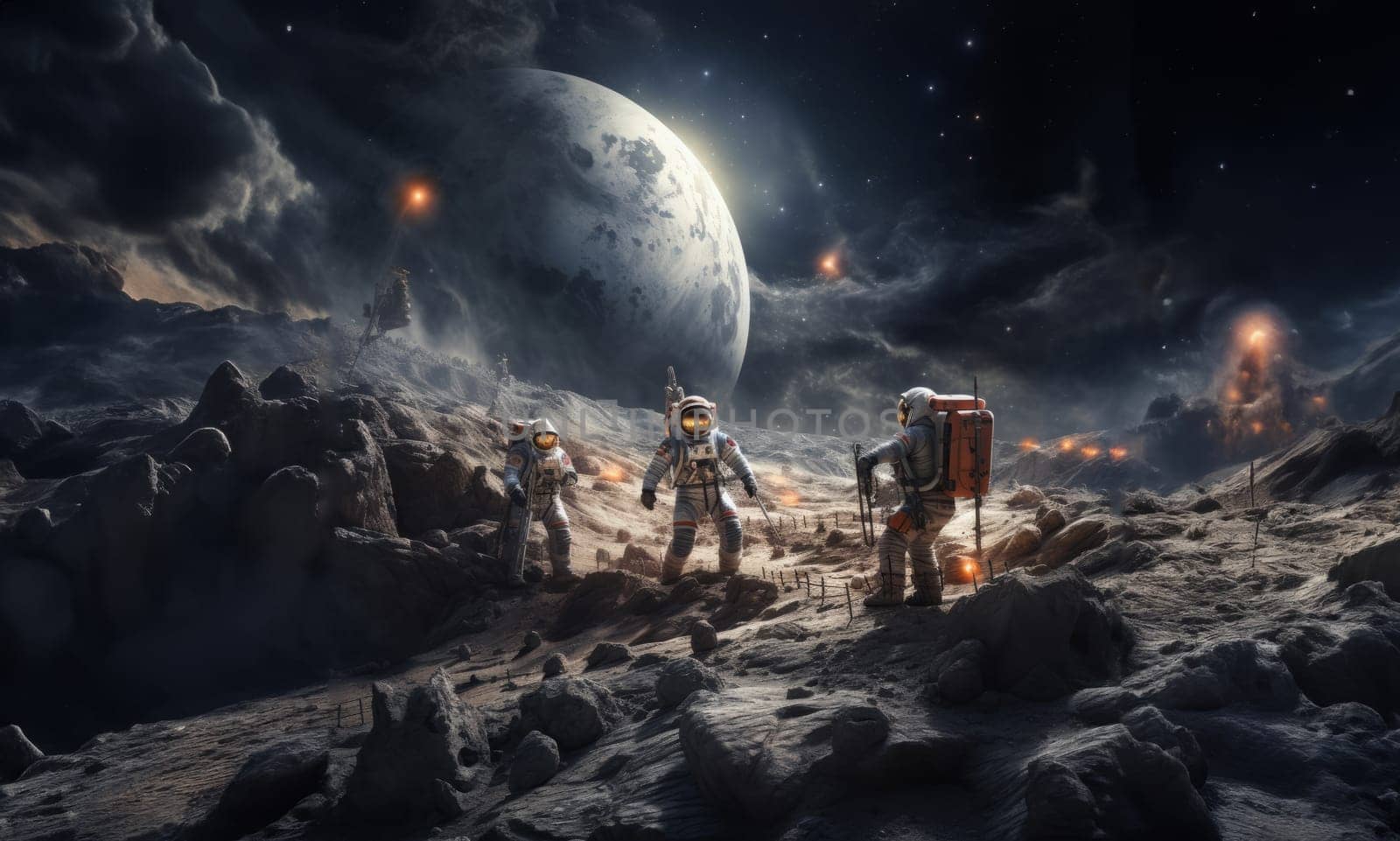 A group of modern astronauts is depicted exploring the hazardous surface of the moon in outer space, showcasing the daring mission of discovery and adventure in lunar exploration.Generated image by dotshock