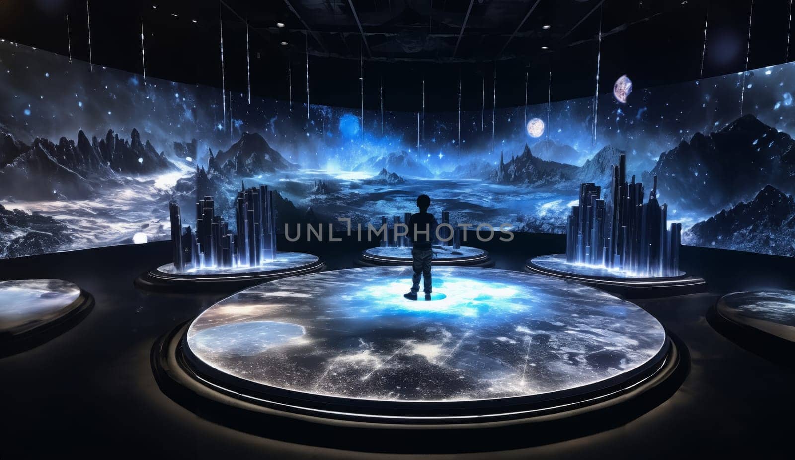 In a futuristic museum, holograms vividly depict the history of the country, showcasing its evolution and the profound changes it has undergone over time.Generated image by dotshock