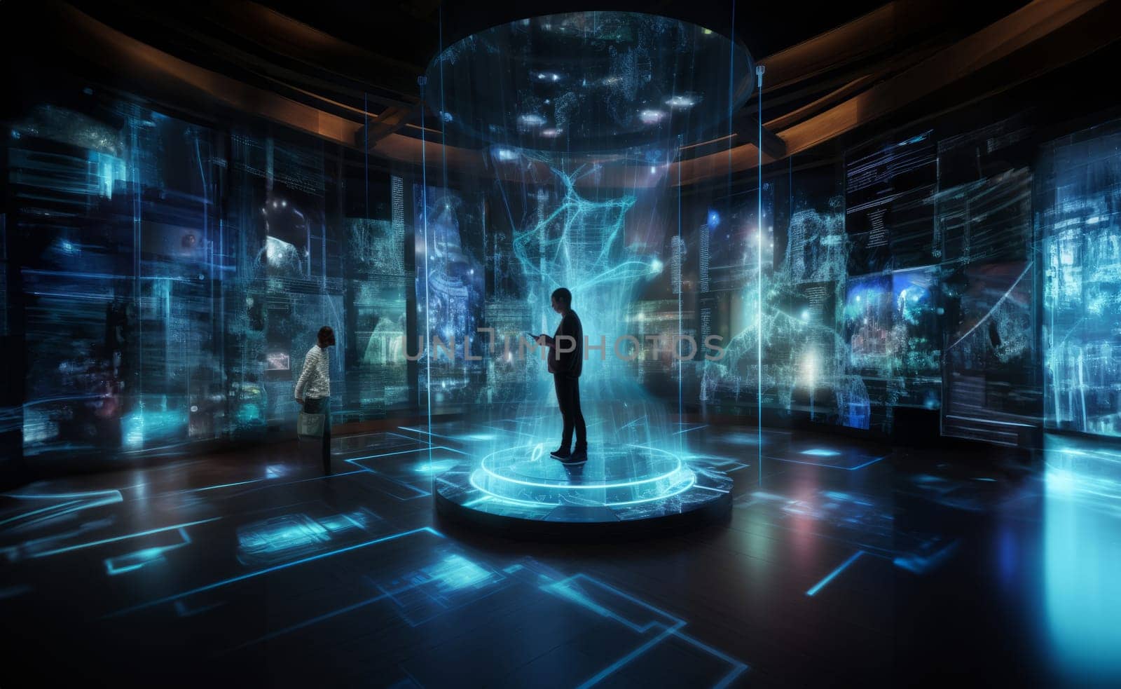 In a futuristic museum, holograms vividly depict the history of the country, showcasing its evolution and the profound changes it has undergone over time.Generated image by dotshock