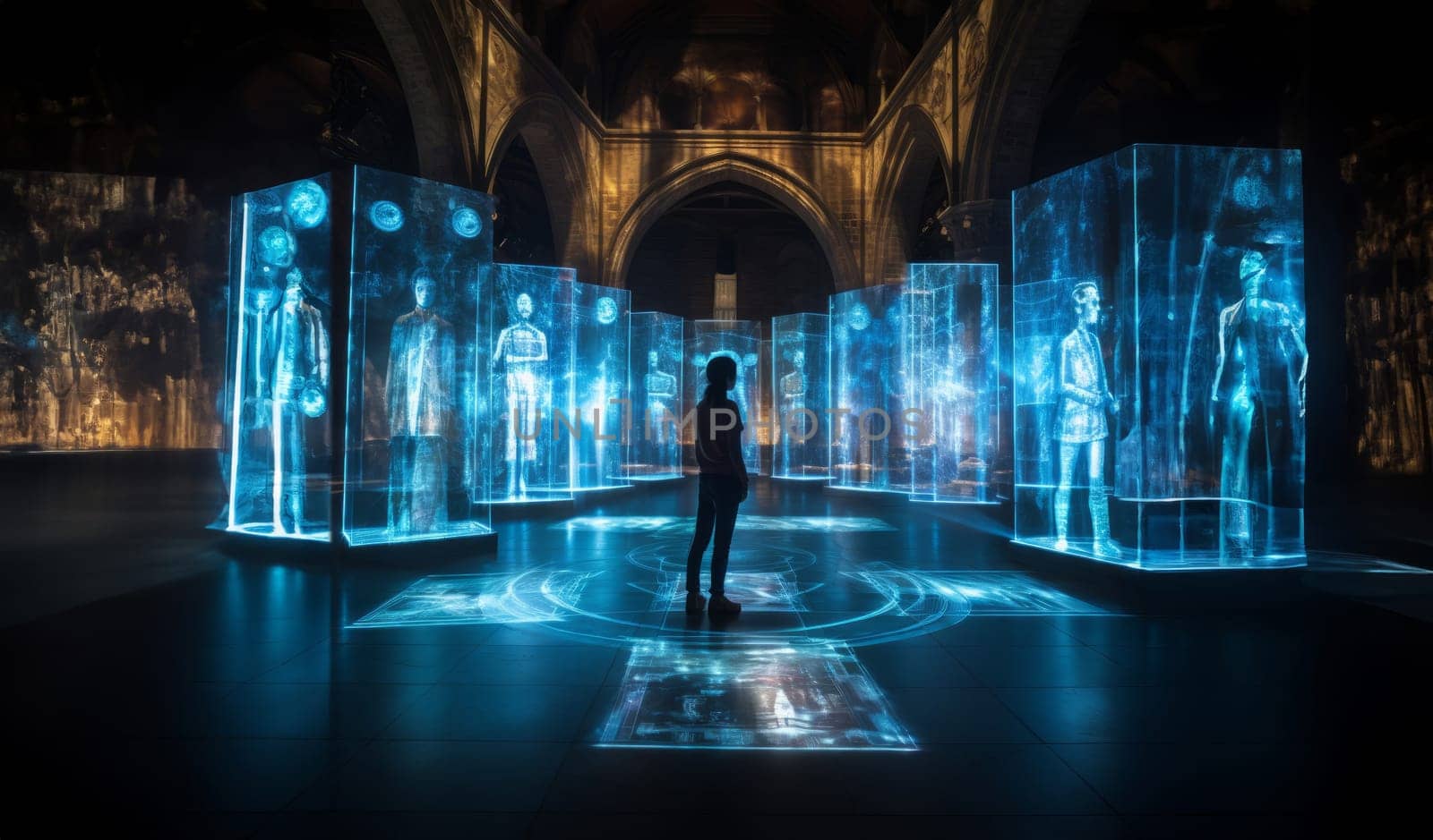In a futuristic museum, holograms vividly depict the history of the country, showcasing its evolution and the profound changes it has undergone over time.Generated image.