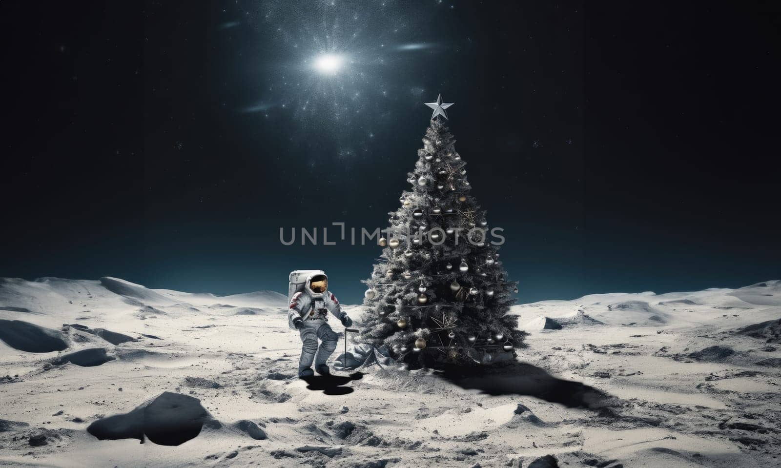 An astronaut on Mars celebrates the holiday season by decorating a Christmas tree, bringing a festive spirit to the distant red planet.Generated image.