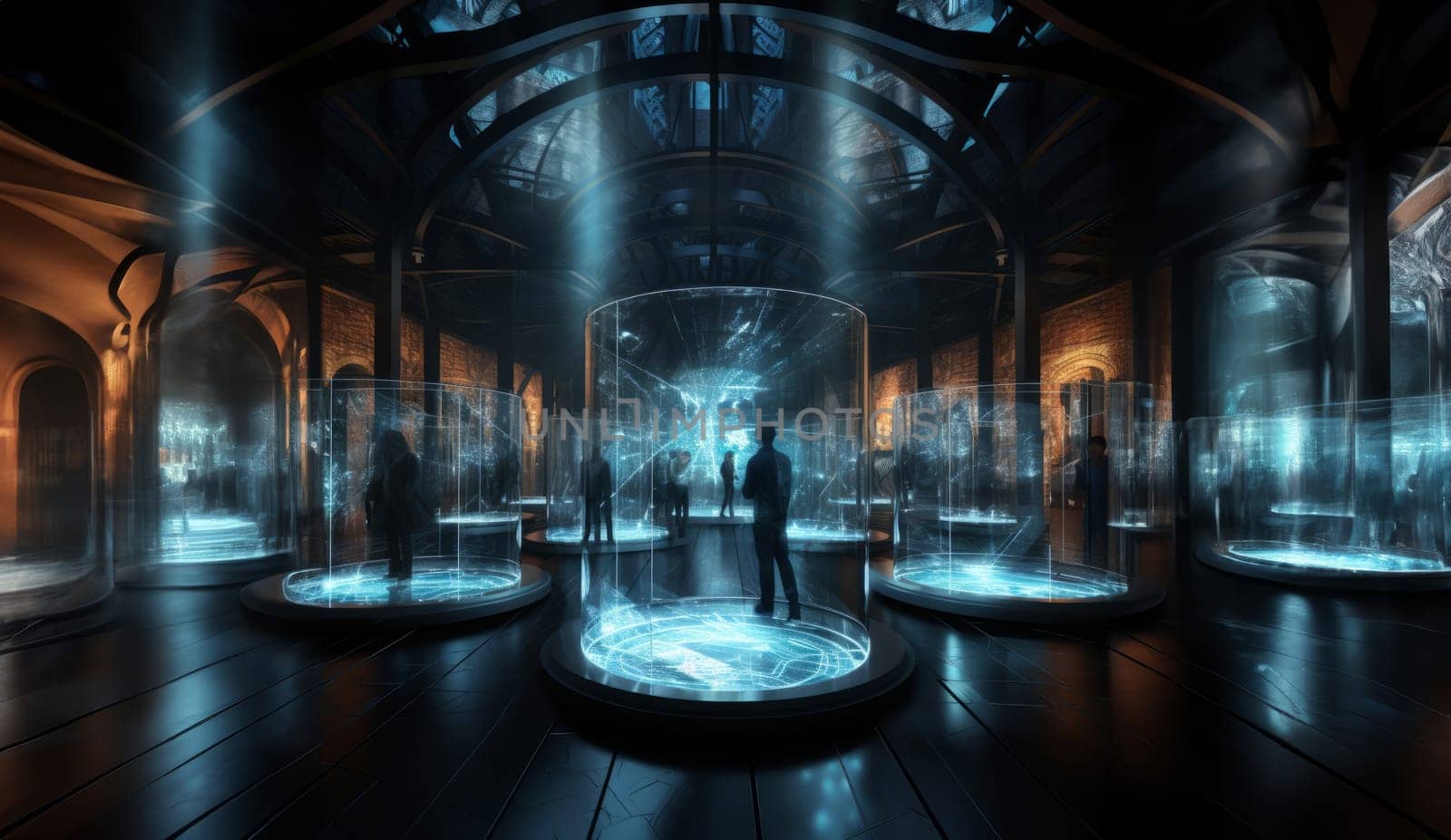 In a futuristic museum, holograms vividly depict the history of the country, showcasing its evolution and the profound changes it has undergone over time.Generated image by dotshock