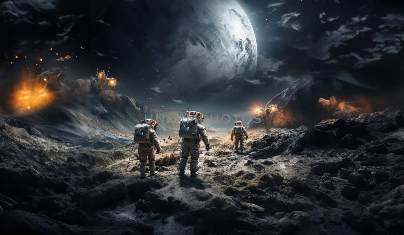 A group of modern astronauts is depicted exploring the hazardous surface of the moon in outer space, showcasing the daring mission of discovery and adventure in lunar exploration.Generated image.