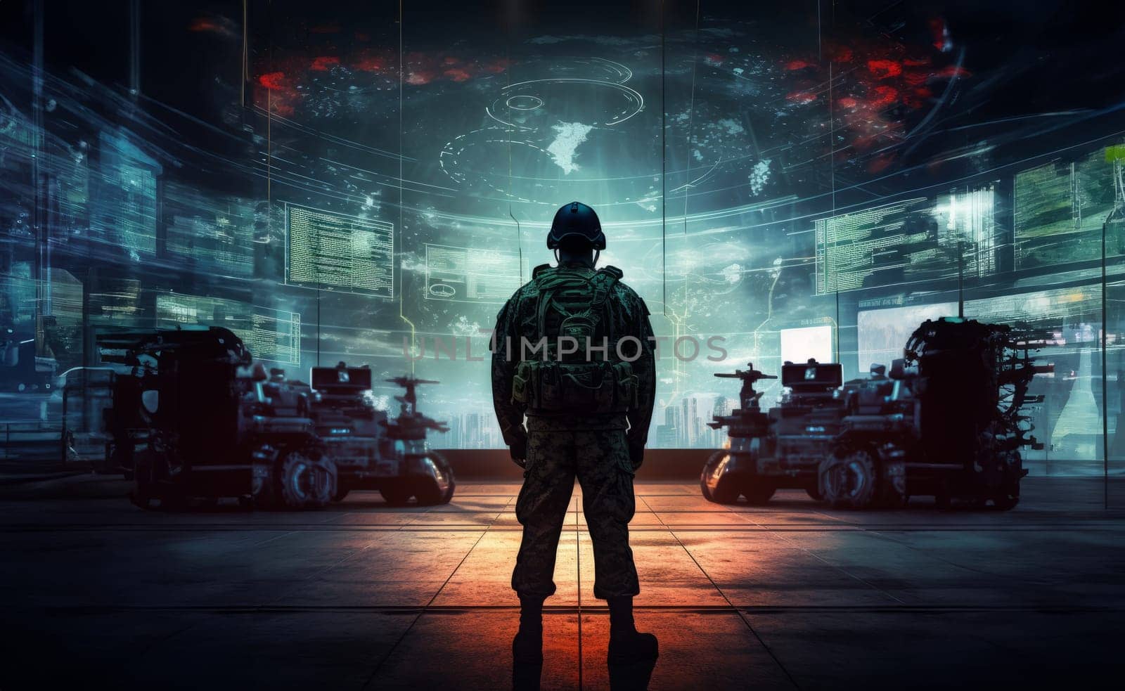 A special soldier is depicted observing the wartime situation and the advancement of his military army through holographic displays, showcasing strategic analysis and tactical planning in a high-tech environment.Generated image by dotshock