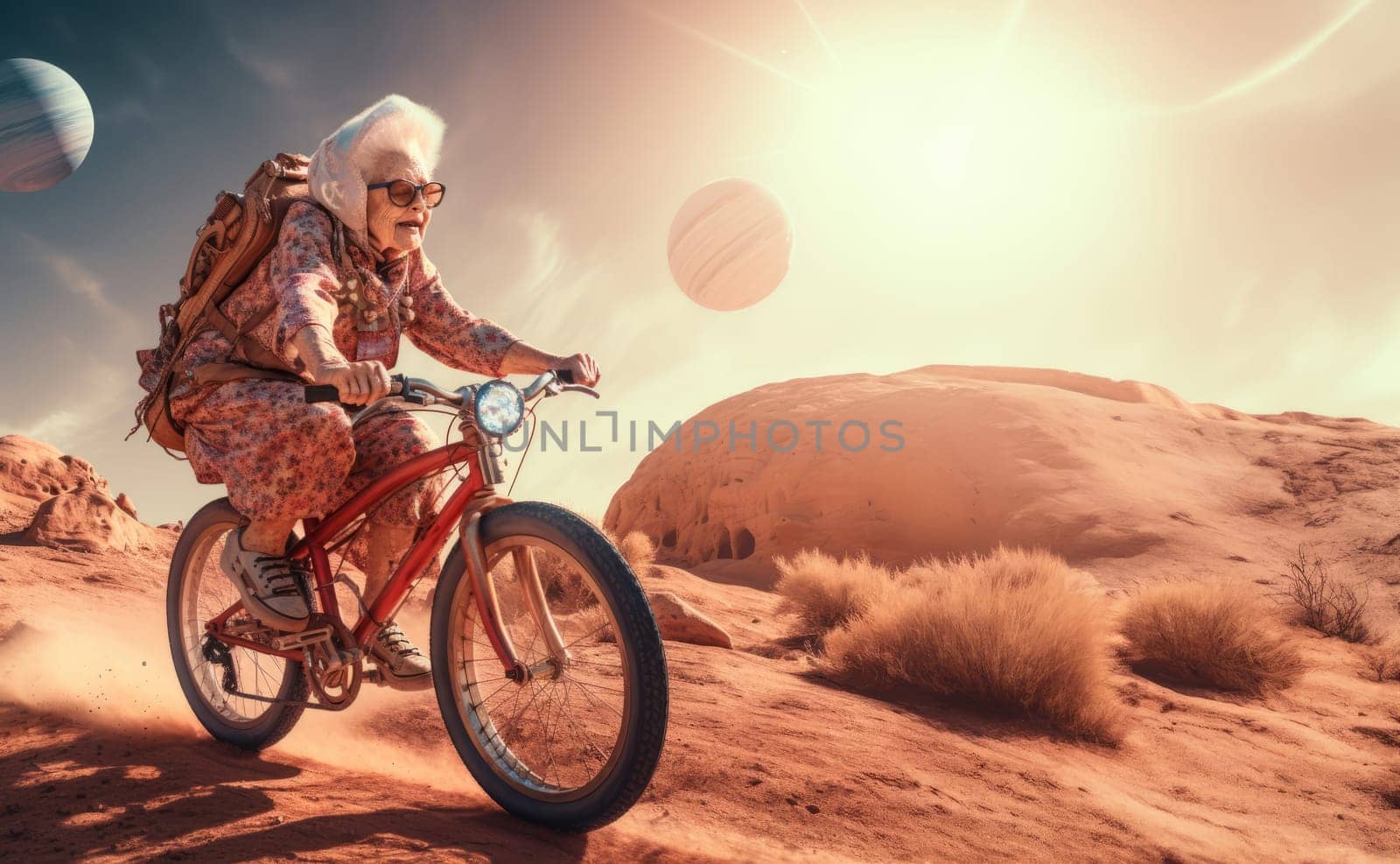 A futuristic depiction shows an elderly woman cycling across the surface of the moon, blending imagination, exploration, and the concept of space-age transportation.Generated image by dotshock