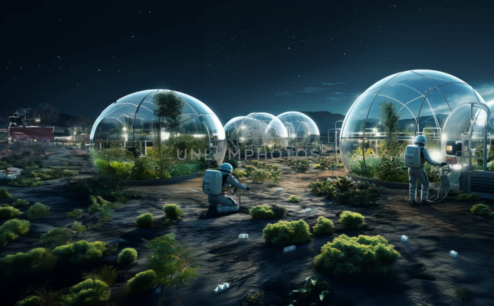 A futuristic depiction of agriculture shows cultivation and farming in glass enclosures on the surface of Mars in space, highlighting innovation and sustainability efforts in space colonization and exploration.Generated image.