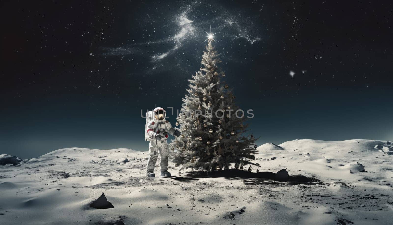An astronaut on Mars celebrates the holiday season by decorating a Christmas tree, bringing a festive spirit to the distant red planet.Generated image by dotshock