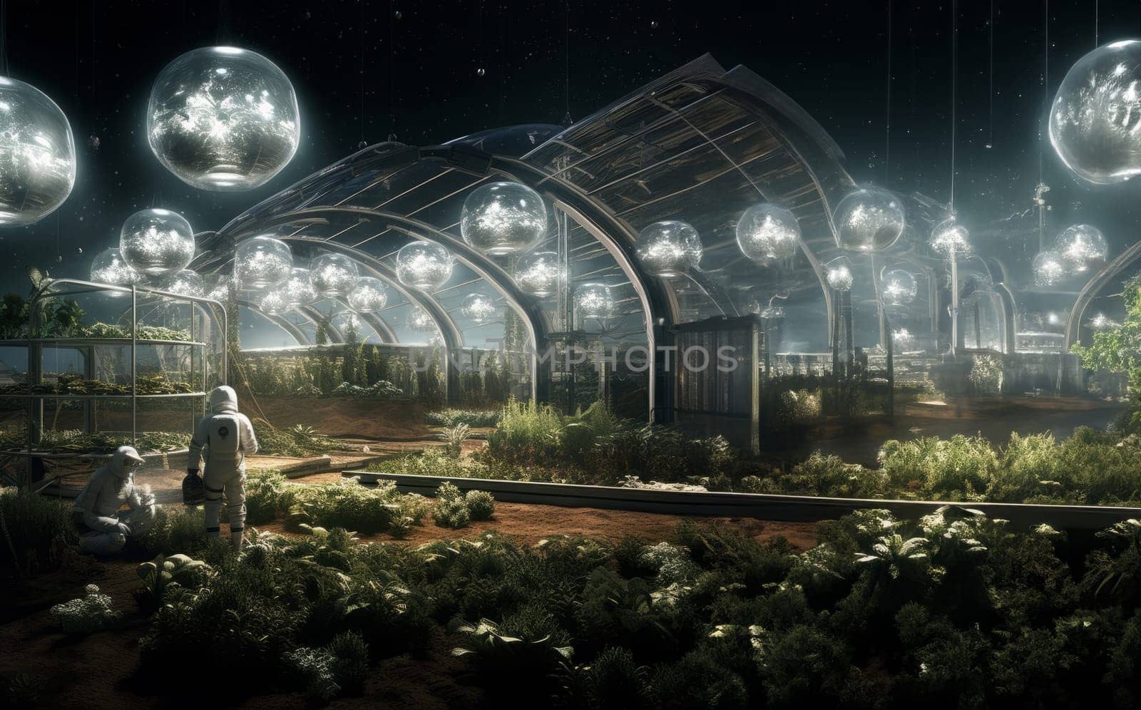 A futuristic depiction of agriculture shows cultivation and farming in glass enclosures on the surface of Mars in space, highlighting innovation and sustainability efforts in space colonization and exploration.Generated image.