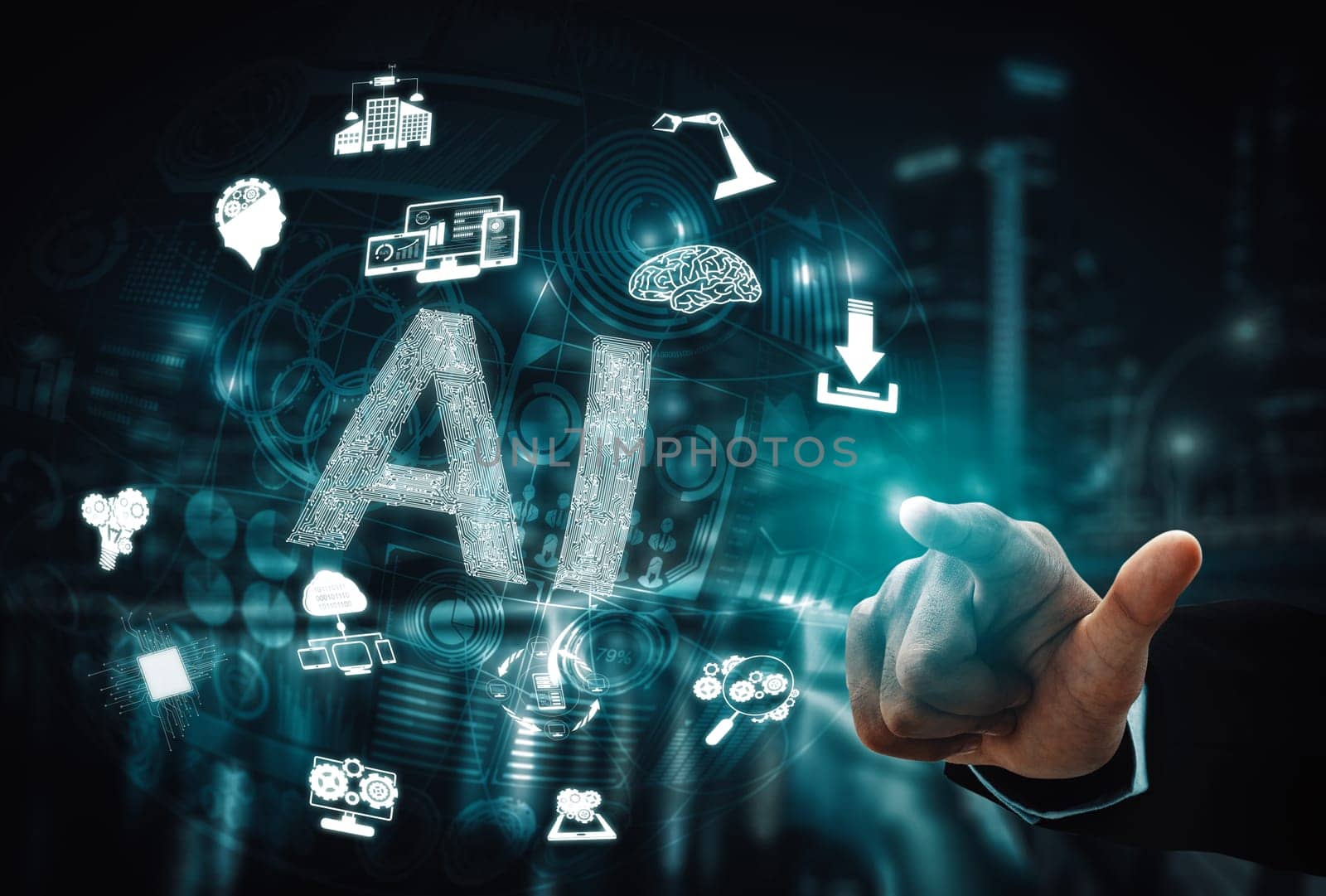 AI Learning and Artificial Intelligence Concept - Icon Graphic Interface showing computer, machine thinking and AI Artificial Intelligence of Digital Robotic Devices. uds