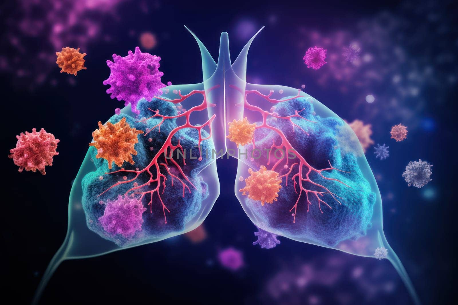 covid omicron variant cells with coronavirus on a office background. Generative AI.