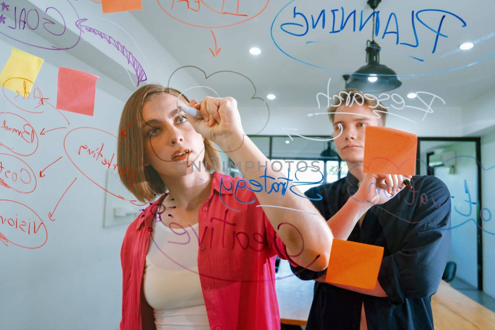 Couple of young creative start up business people brainstorming idea and solving problems by using sticky note and mind map at glass board, meeting room. discussing, working together. Immaculate.