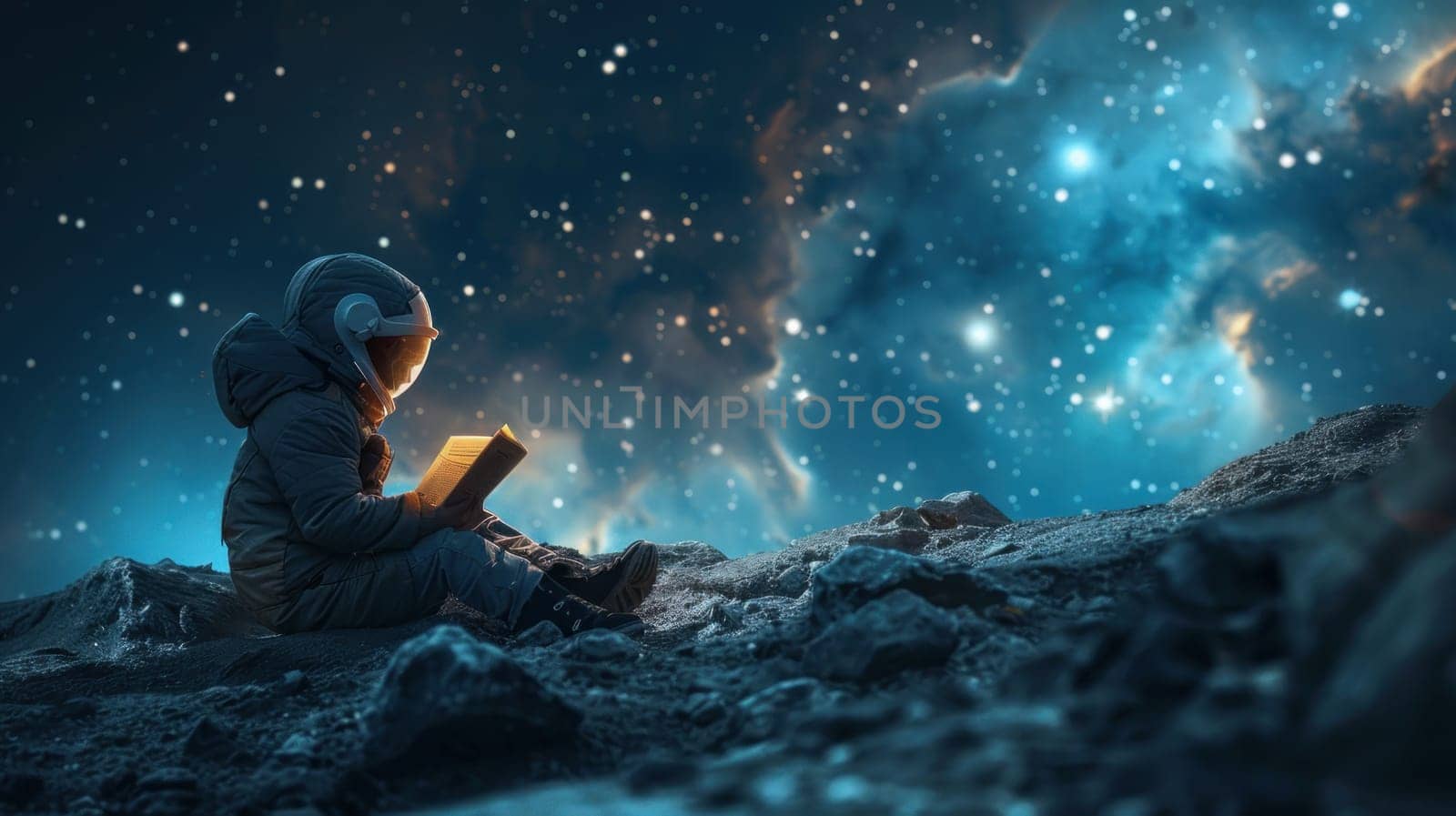 Concept World book day, Astronaut reading book on moon. Generative AI by golfmerrymaker