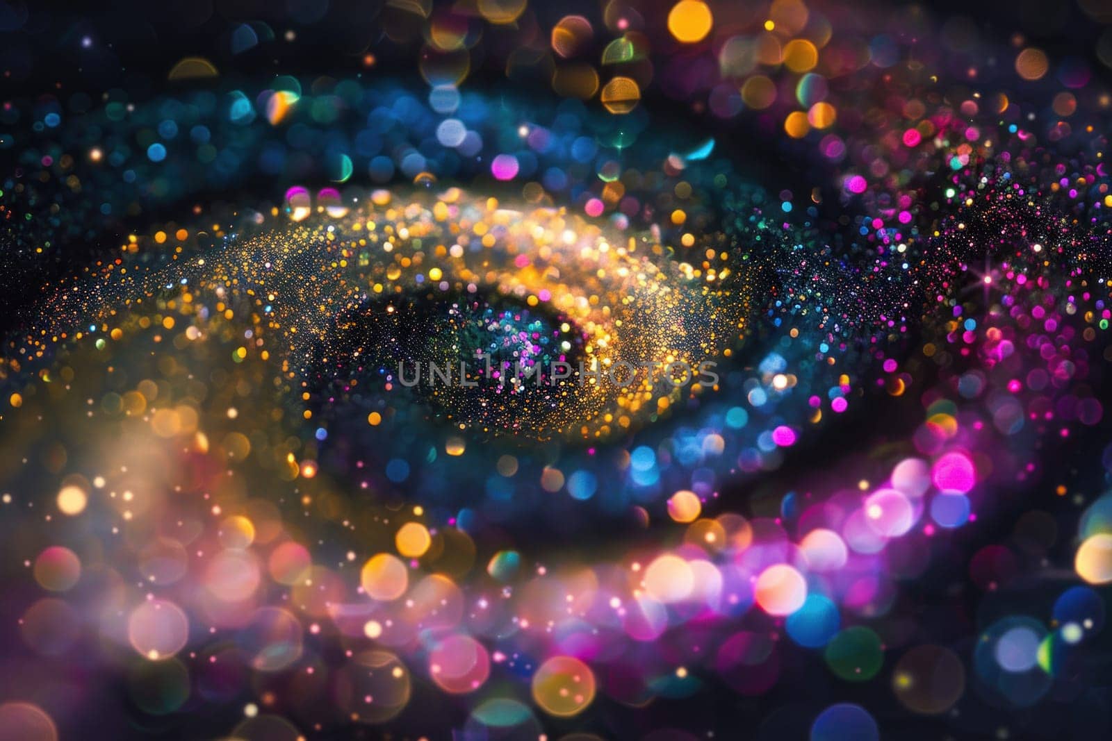 Glitter colorful magic swirl on black background. Generative AI.