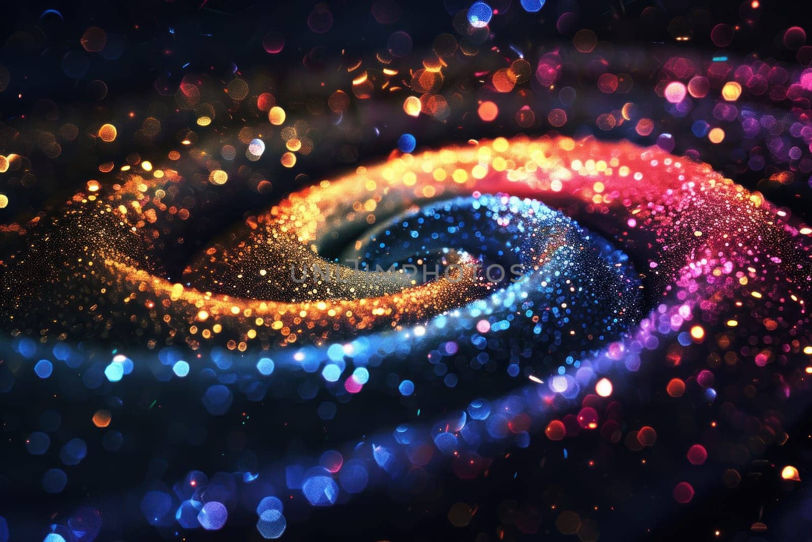 Glitter colorful magic swirl on black background. Generative AI.