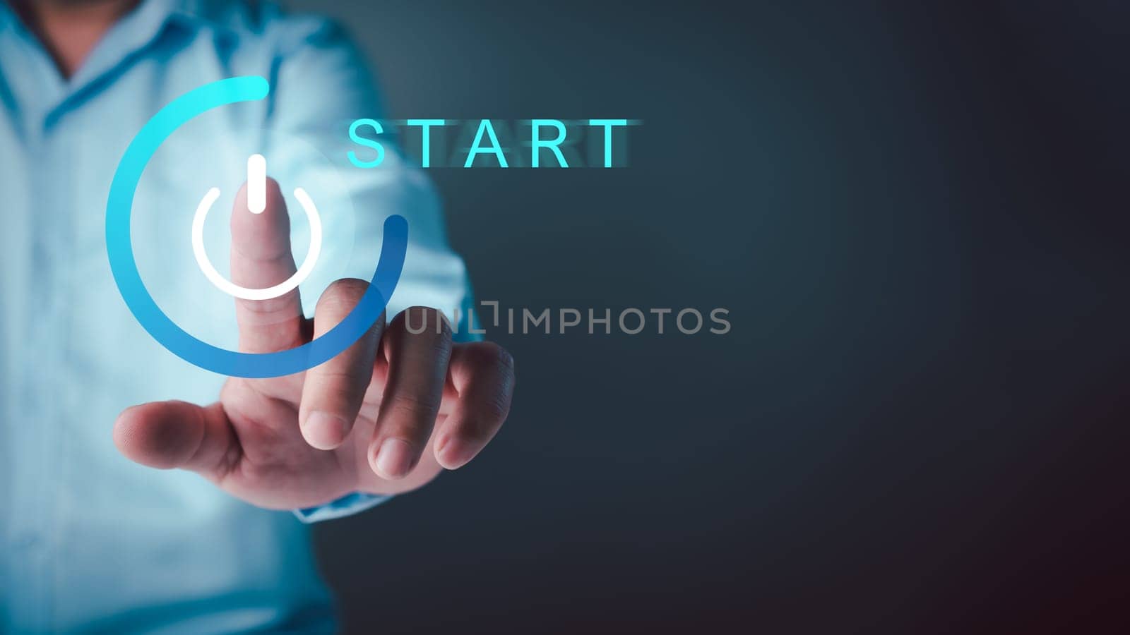 Startup business concept, Businessman hand pressing the start button, The Startup concept plan development business project digital technology idea of leadership, strategy Startup growth. by Unimages2527