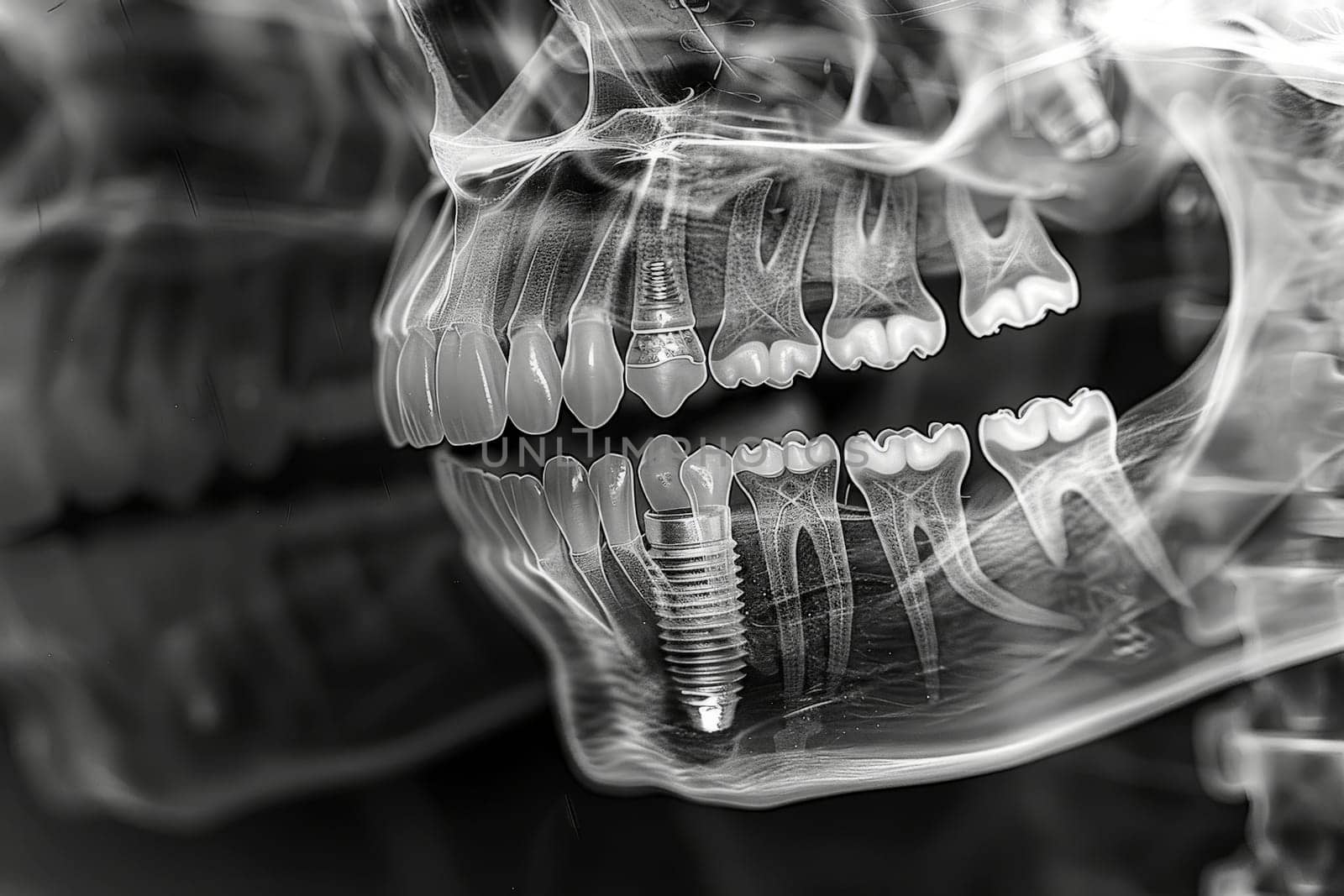 dental implant placement. An X-ray image displaying a dental implant anchored in the jawbone. . Generative Ai by matamnad