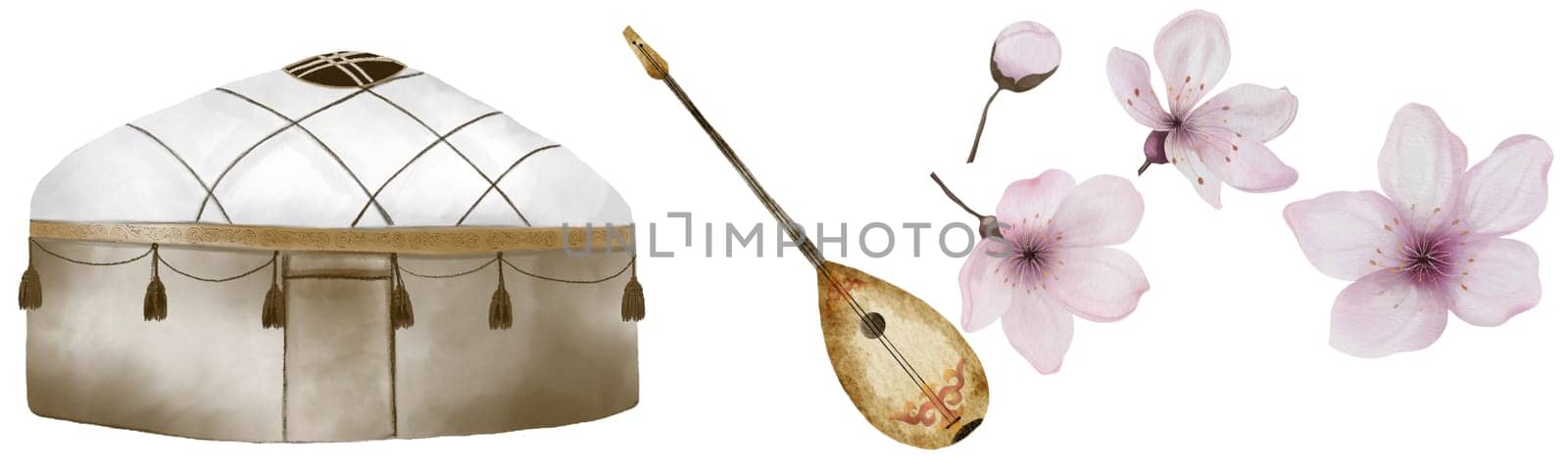 Nauryz watercolor set on isolated white background. Elements for the Kazakh national holiday of the spring equinox. Yurt and dombra, pink cherry flowers. For the design of holiday cards and banners. High quality photo