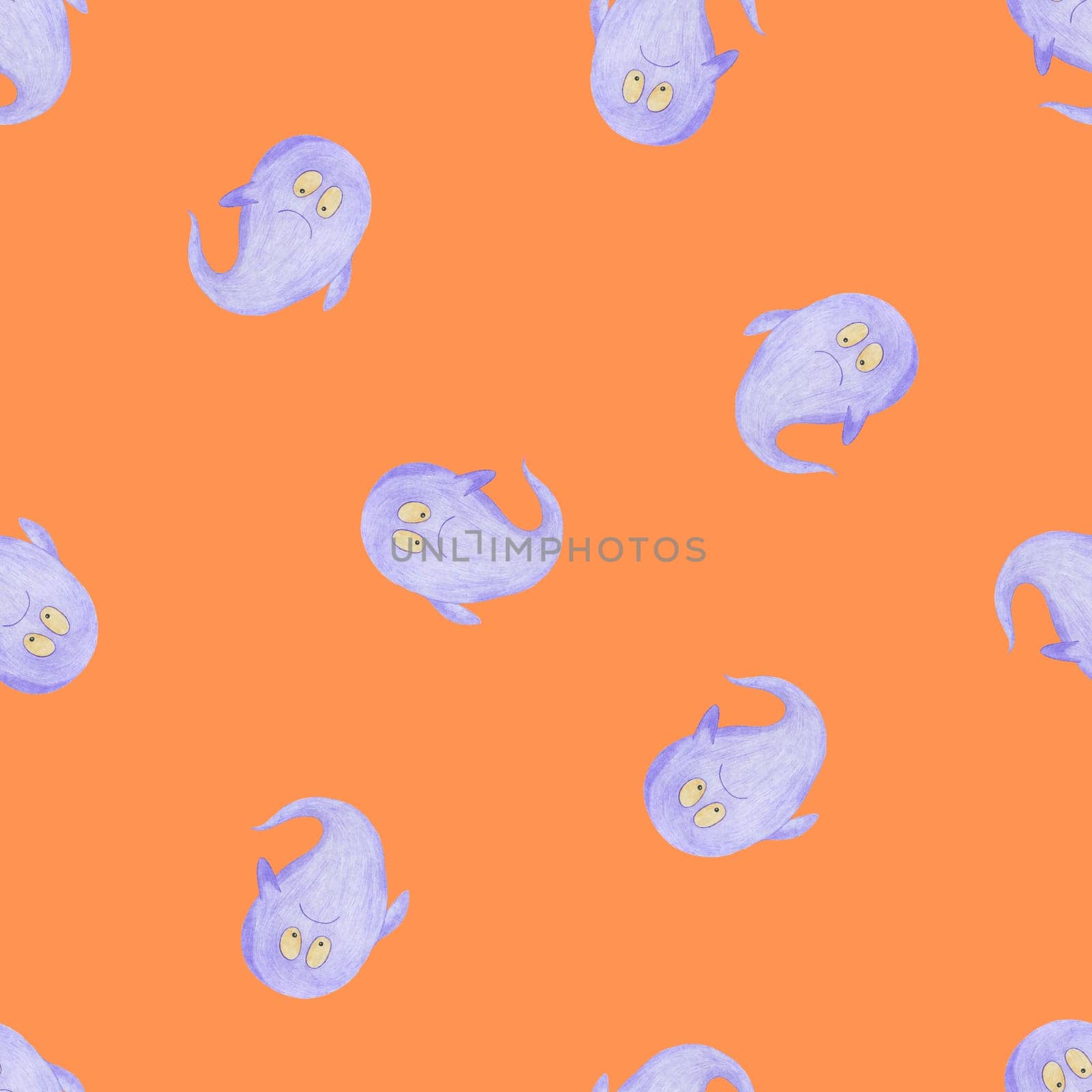 Hand Drawn Halloween Background. Halloween Seamless Pattern with Ghosts Drawn by Colored Pencils.