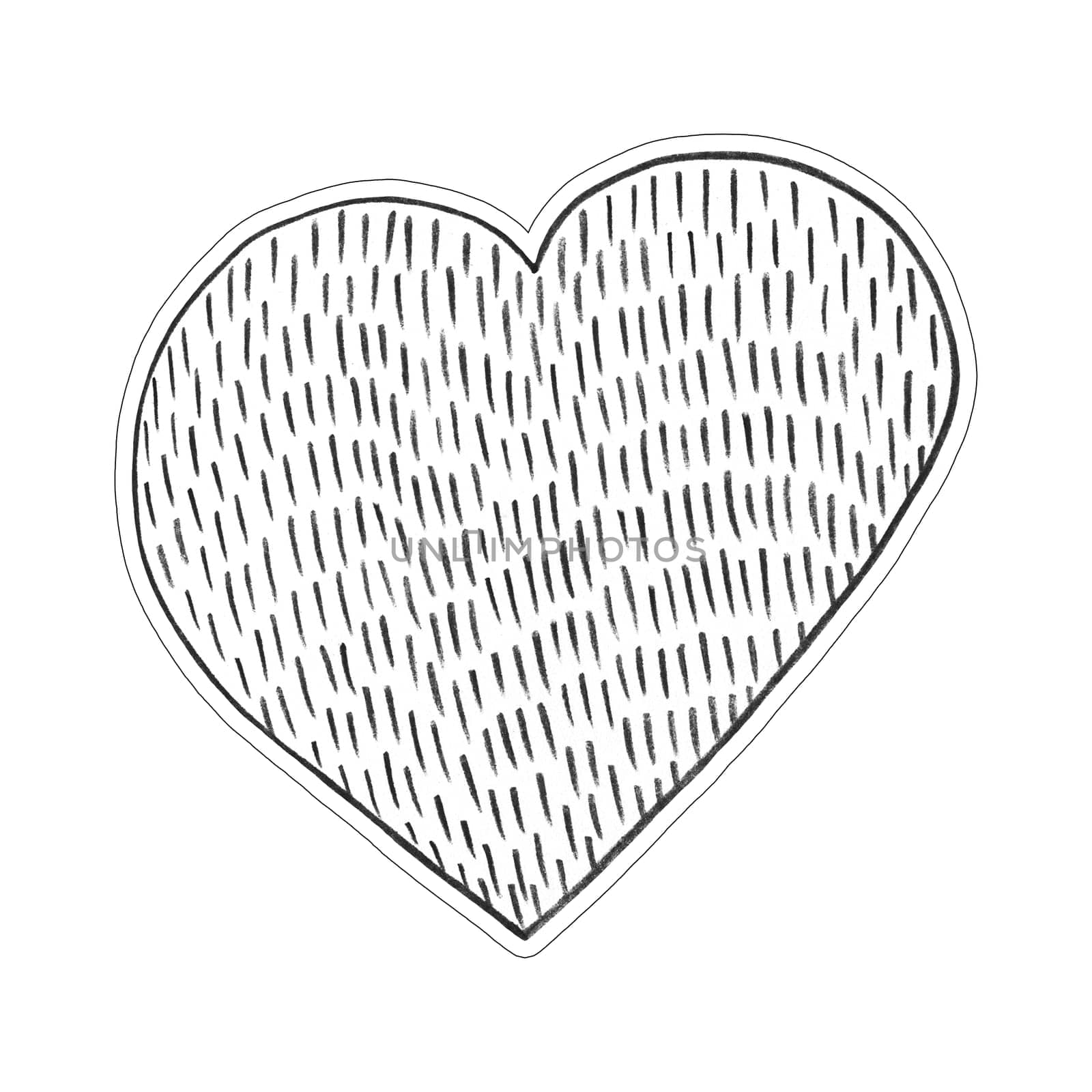 Black Heart Sticker Drawn by Colored Pencil. The Sign of World Heart Day. Symbol of Valentines Day. Heart Shape Isolated on White Background.