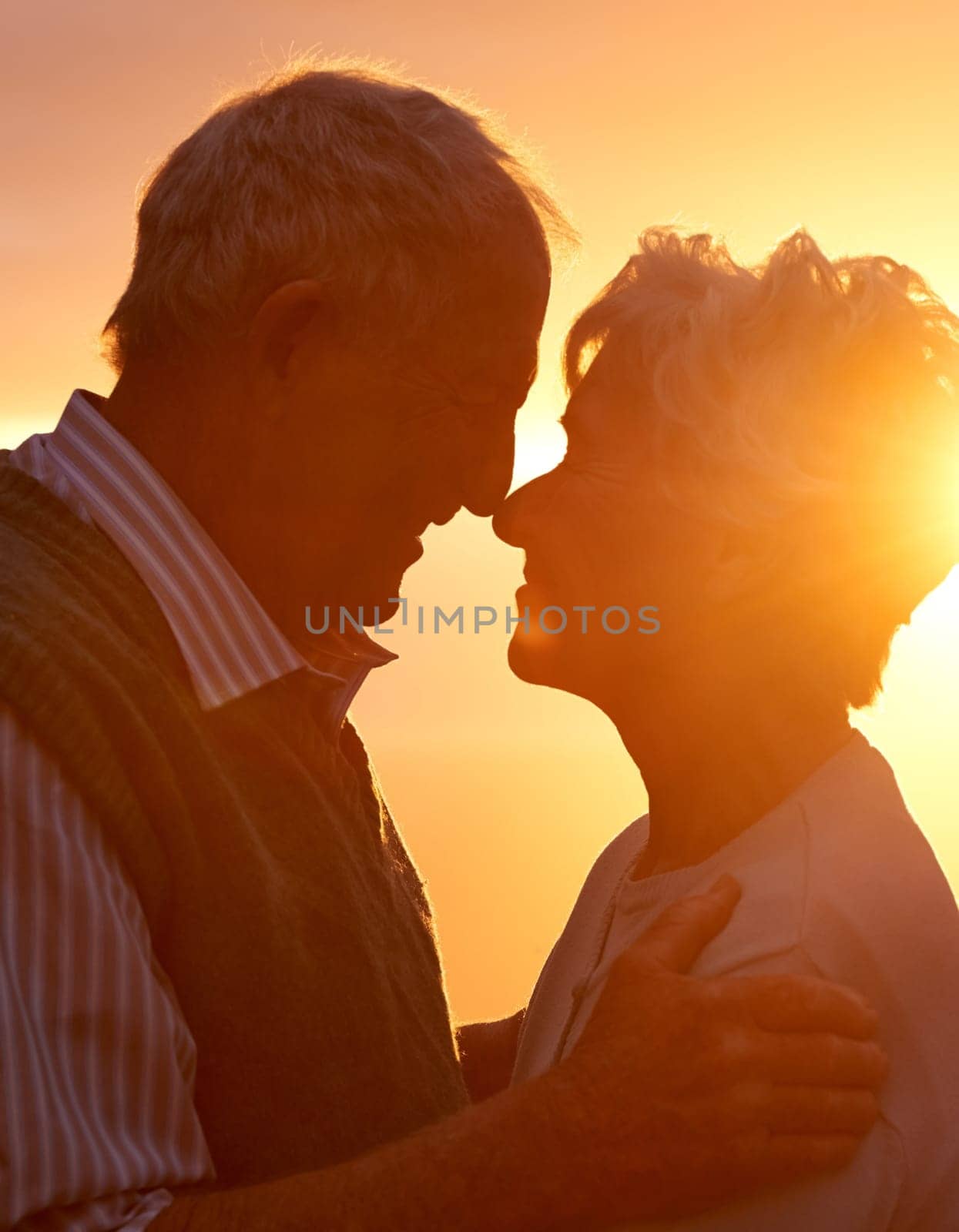 Sunset, elderly couple and embrace outdoor, love and bonding for connection together in nature. Man, woman and touch forehead for care, romance or support for commitment to relationship in retirement.