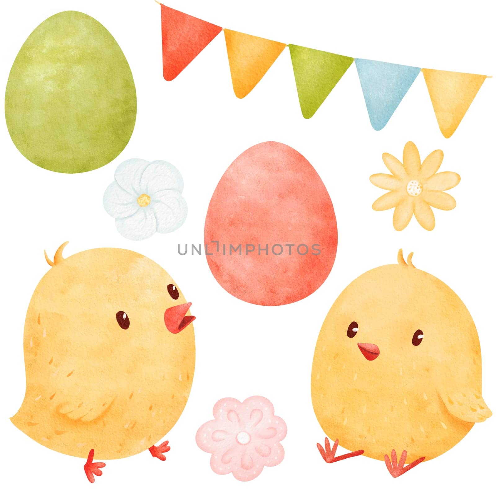 watercolor set. adorable chicks, vibrantly colored eggs, spring flowers, and a birthday garland. cartoon style. for various creative projects. From Easter-themed illustrations to festive designs.