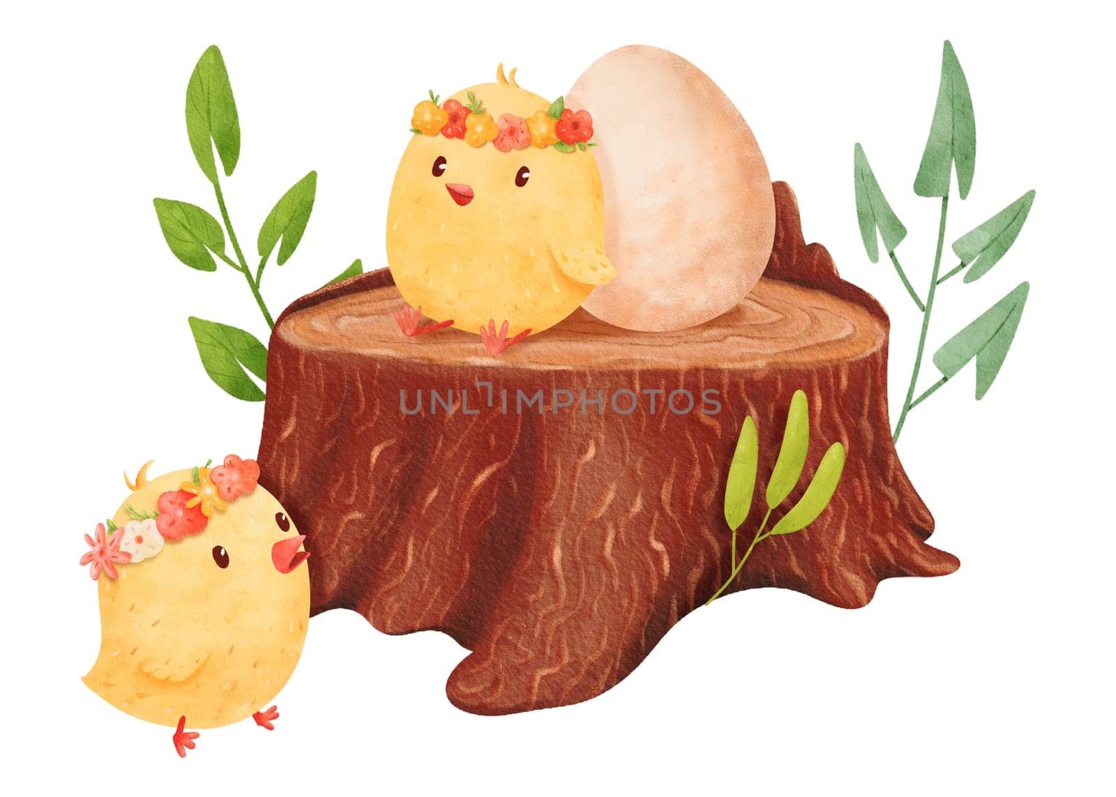 Watercolor children's composition featuring little yellow chicks playing around an old brown stump adorned with spring foliage. The stump serves as a charming nest for a chicken egg by Art_Mari_Ka