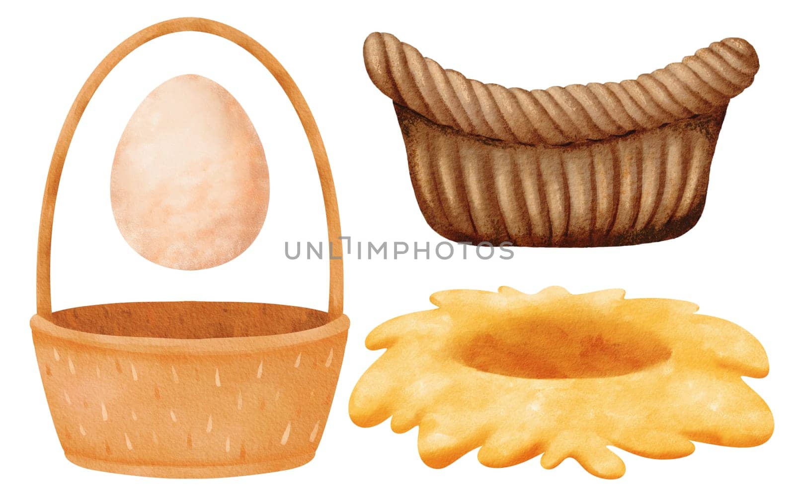 watercolor set. high-handle and handle-less baskets, a chicken egg, and a bird's nest made of straw. cartoon style. From farmhouse-themed illustrations to decorative designs, rustic elements.