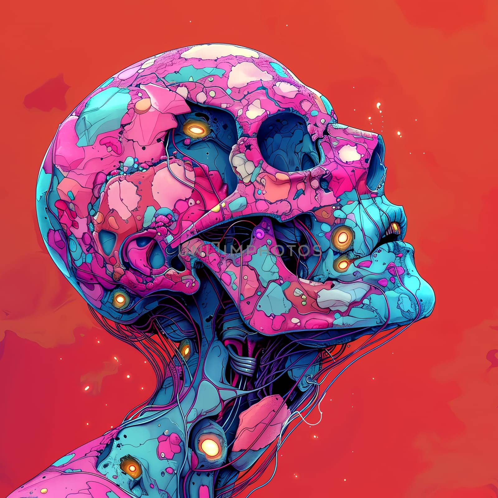 Psychedelic Skull Poster, Horror poster mystical head psychedelic monster. AI Generated