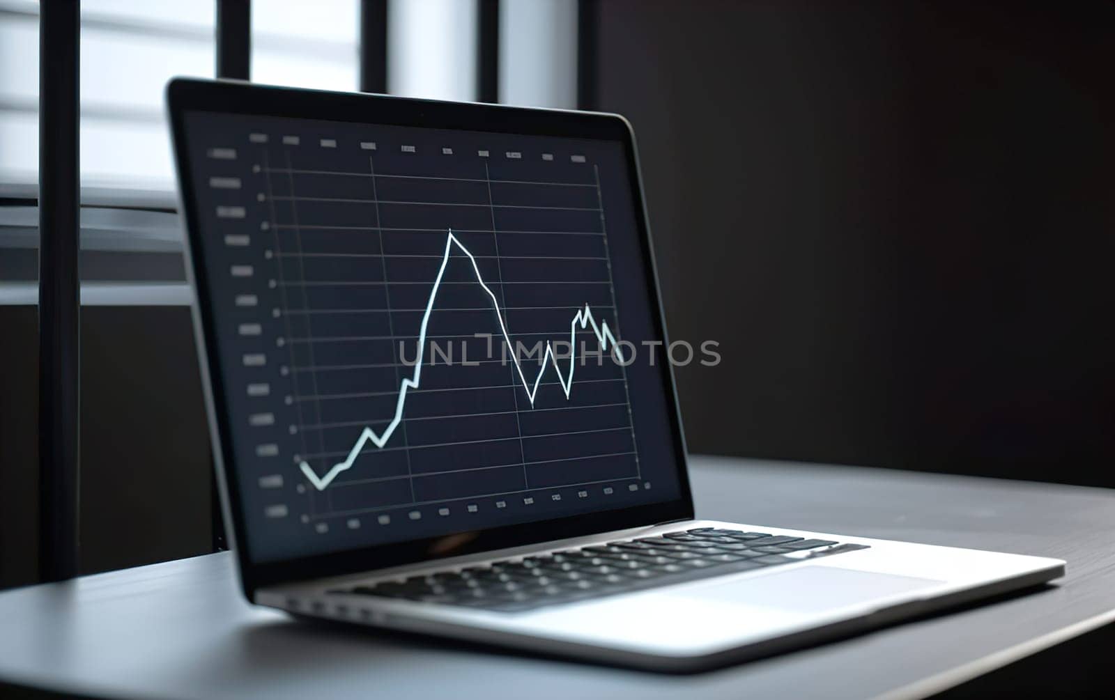 Abstract creative financial graph on modern laptop screen, forex and investment concept, monochrome