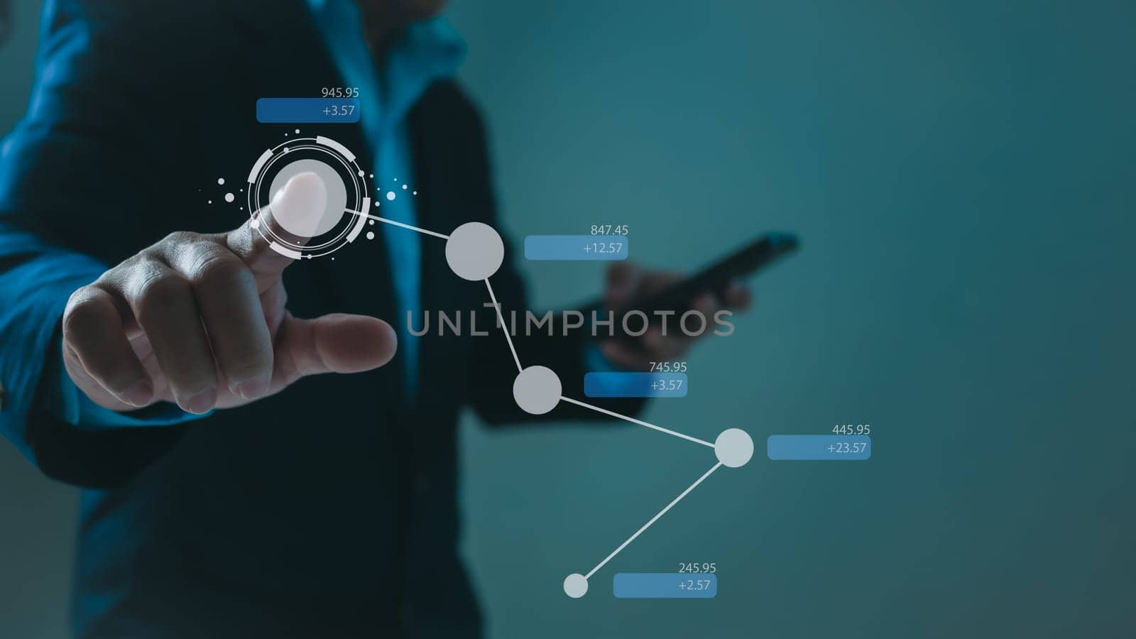 Stock market, Business growth, progress or success concept. Businessman or trader is showing a growing virtual hologram stock, invest in trading. by Unimages2527